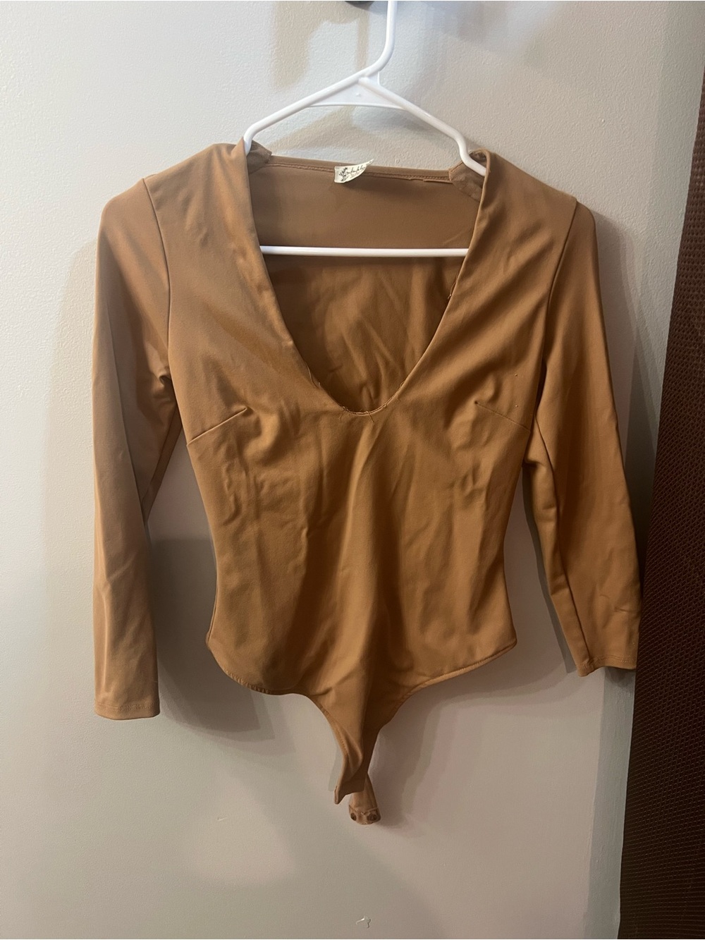 Free People Tan Deep V Long Sleeve Bodysuit